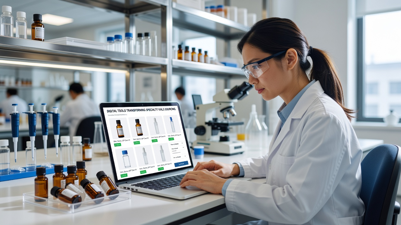 Laboratory team reviewing online vial options and digital procurement dashboards